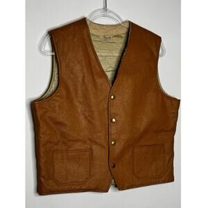 1970s Fingerhut Brown Faux Leather Quilted Lined Vest USA Made Size Large